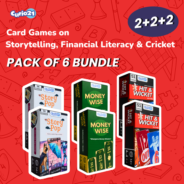 Curio21 Mega Pack โ Set of 6 Superstar Card Games for Kids & Families | Includes Story Pop, MoneyWise & Hit & Wicket (2+2+2)