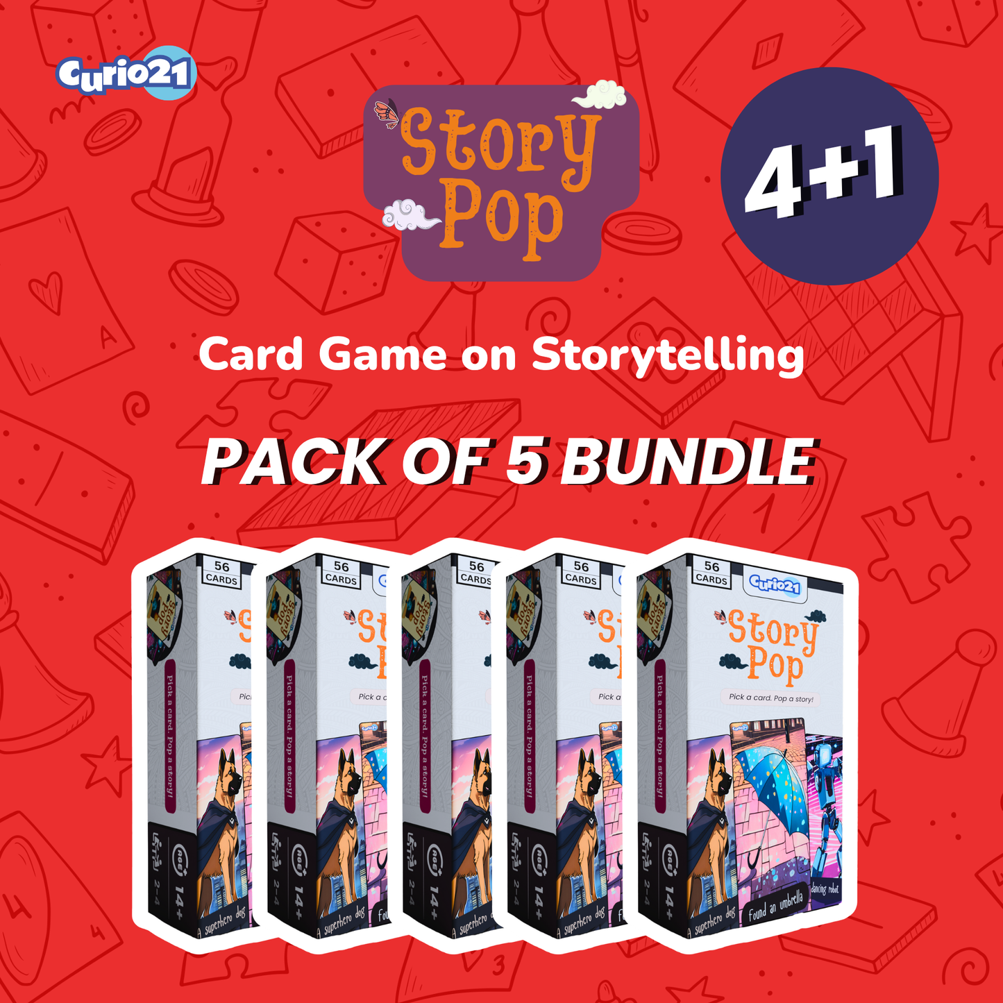 Story Pop 4+1 Pack – Quick Draw Storytelling Card Game for Teens & Adults