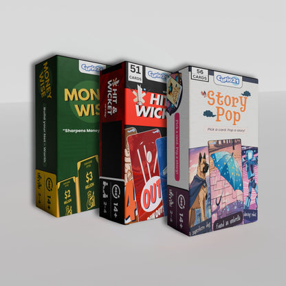 Curio21 Party Pack – Set of 3 Superstar Card Games for Kids & Families | Includes Story Pop, MoneyWise & Hit & Wicket