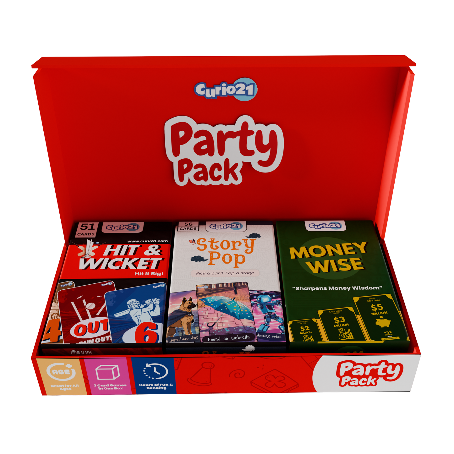 Curio21 Party Pack – Set of 3 Superstar Card Games for Kids & Families | Includes Story Pop, MoneyWise & Hit & Wicket