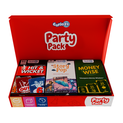 Curio21 Party Pack – Set of 3 Superstar Card Games for Kids & Families | Includes Story Pop, MoneyWise & Hit & Wicket