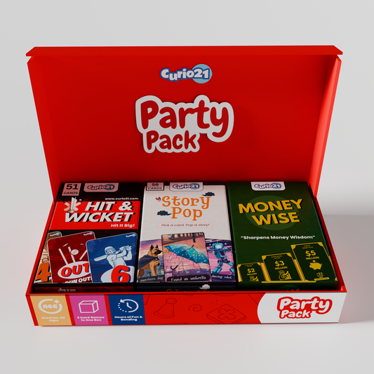 Curio21 Party Pack – Set of 3 Superstar Card Games for Kids & Families | Includes Story Pop, MoneyWise & Hit & Wicket